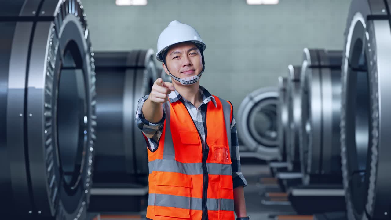 Asian Male Engineer With Safety Helmet Smiling And Touching His Chest Then Pointing At You While Standing In Metal Factory