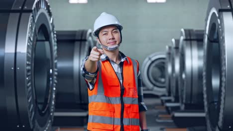 ingeniero asiático con casco de seguridad sonriendo y tocando su pecho luego señalándote mientras está de pie en la fábrica de metal