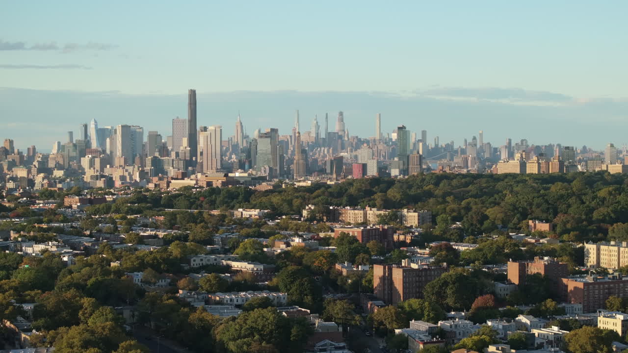 Aerial view of Brooklyn and Manhattan on an autumn day. Shot in New York City in 4k.