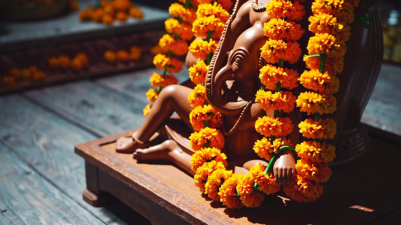 Ganesh Statue Decorated with Marigold Flowers