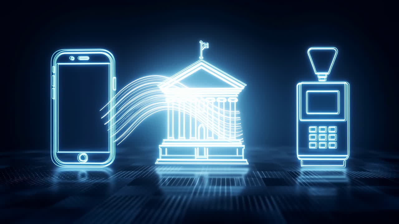 Neonskiltet smartphone-bankterminal, glødende netværk, lysstrømme forbinder telefonen, klassisk bankbygning.