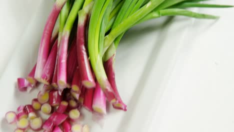 cebolla de primavera picada colocada en un plato blanco 4k 4k