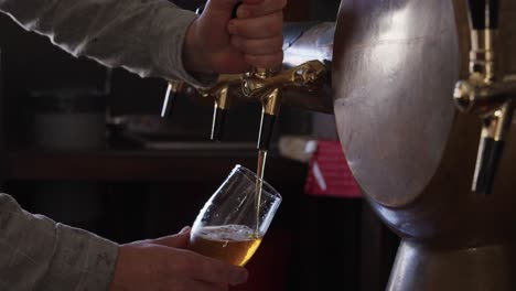 de las manos de un hombre caucásico que trabaja en un pub de una microcervecería