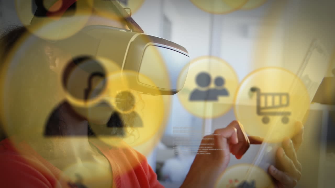 Yellow icon with woman wearing VR headset
