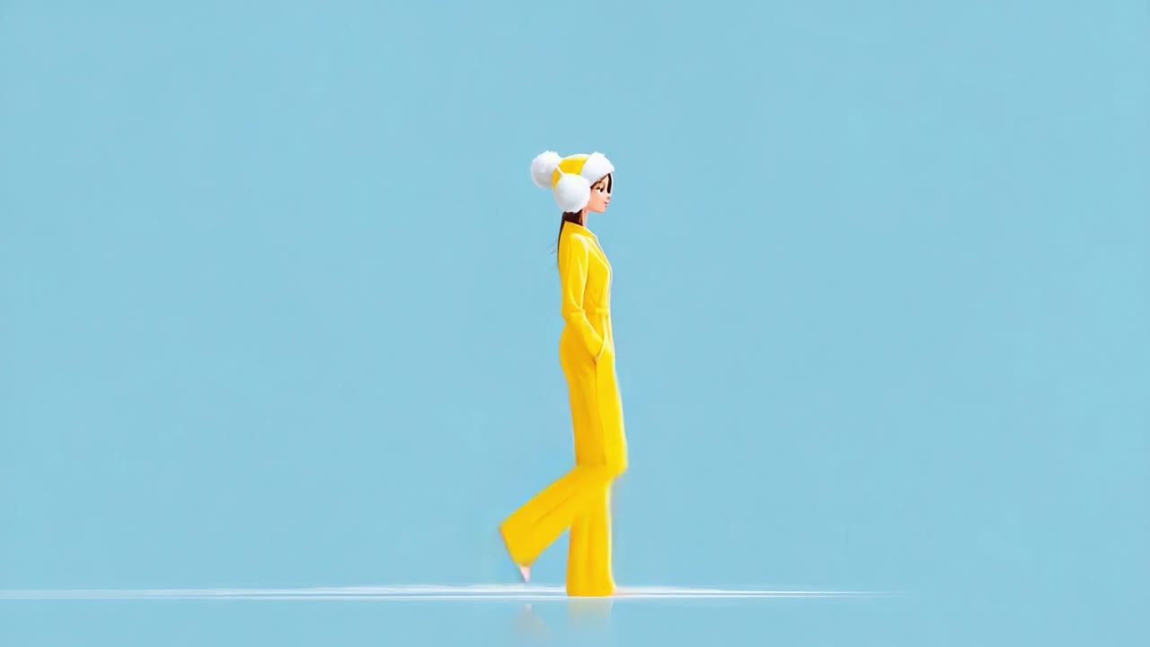 A whimsical character clad in a vibrant yellow outfit and a fluffy hat walks gracefully against a serene blue background, embodying joy and winter nostalgia with every step