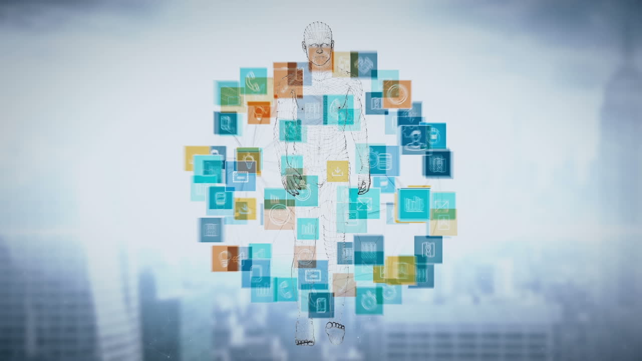 도시 풍경 위의 디지털 인간  ⁇ 기 및 미디어 아이콘의 애니메이션