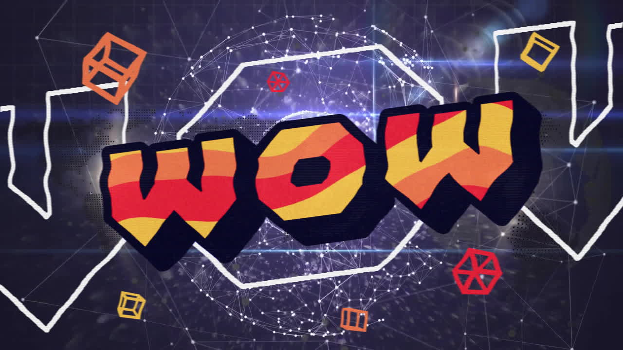 네온 패턴 배경 위의 와우 텍스트의 애니메이션