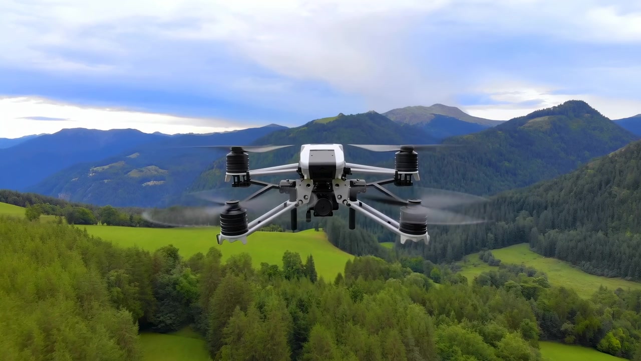 Un drone sorvola una fitta foresta verde in una valle di montagna, con colline ondulate e un cielo nuvoloso luminoso che creano un paesaggio aereo panoramico e calmo sotto la luce naturale del giorno.