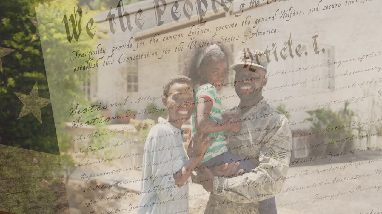 미국 국기의 애니메이션과 아프리카계 미국인 가족에 대한 텍스트