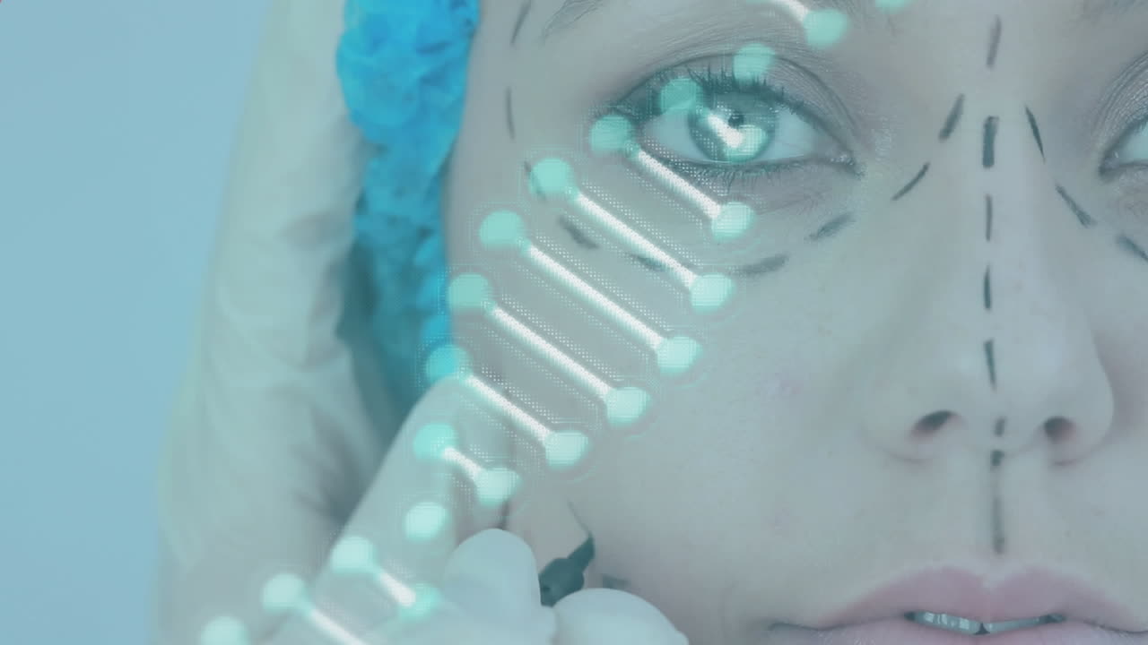 백인 여성의 눈 위에 있는 dna 가닥과  ⁇ 은 모양의 애니메이션