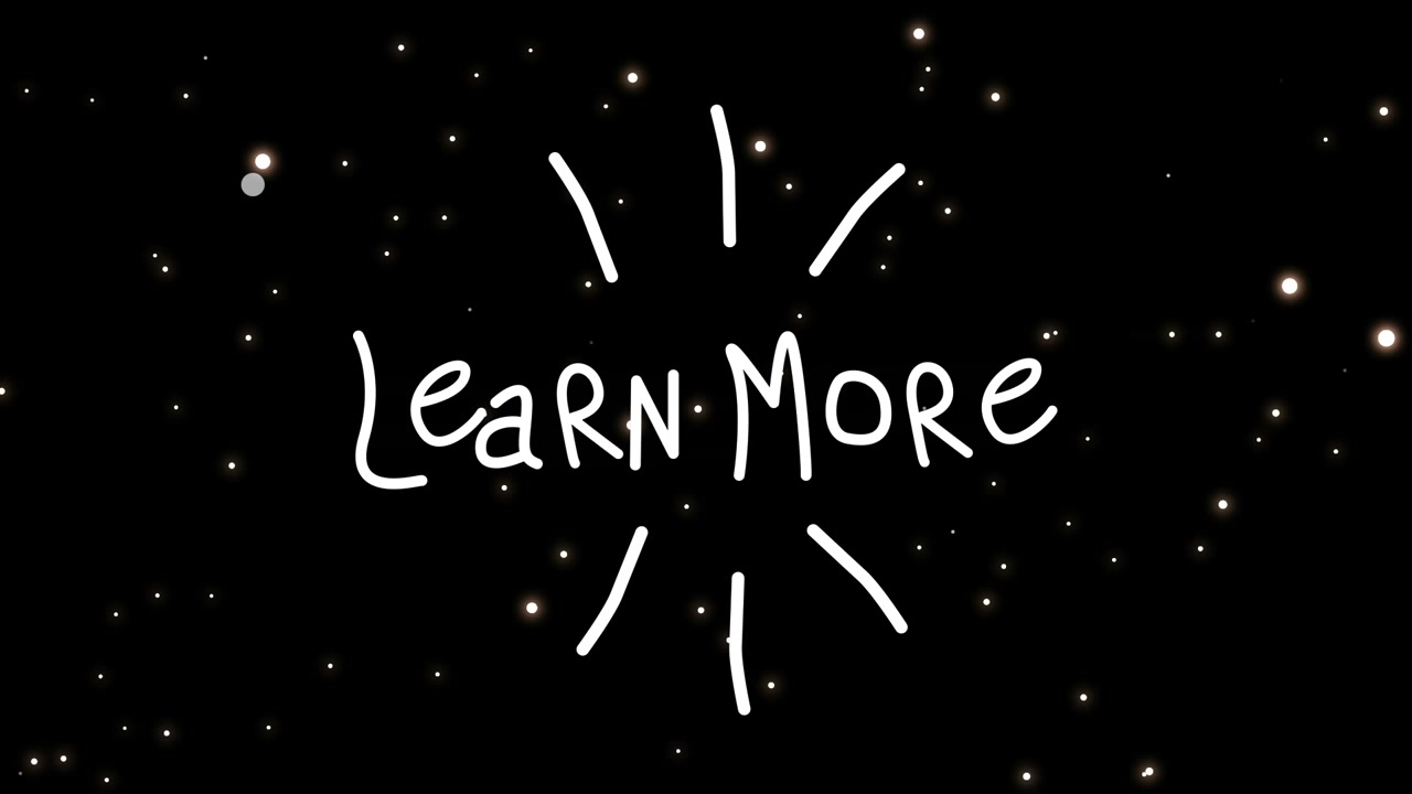Animation of learn more text and white spots on black background