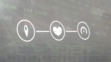 Animation-of-network-of-gps,-health-and-data-loading-icons-over-processing-data