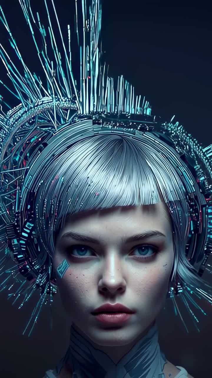 Vertical video: Pulling back camera revealing cyborg in studio, showing halo crown and cheek decal