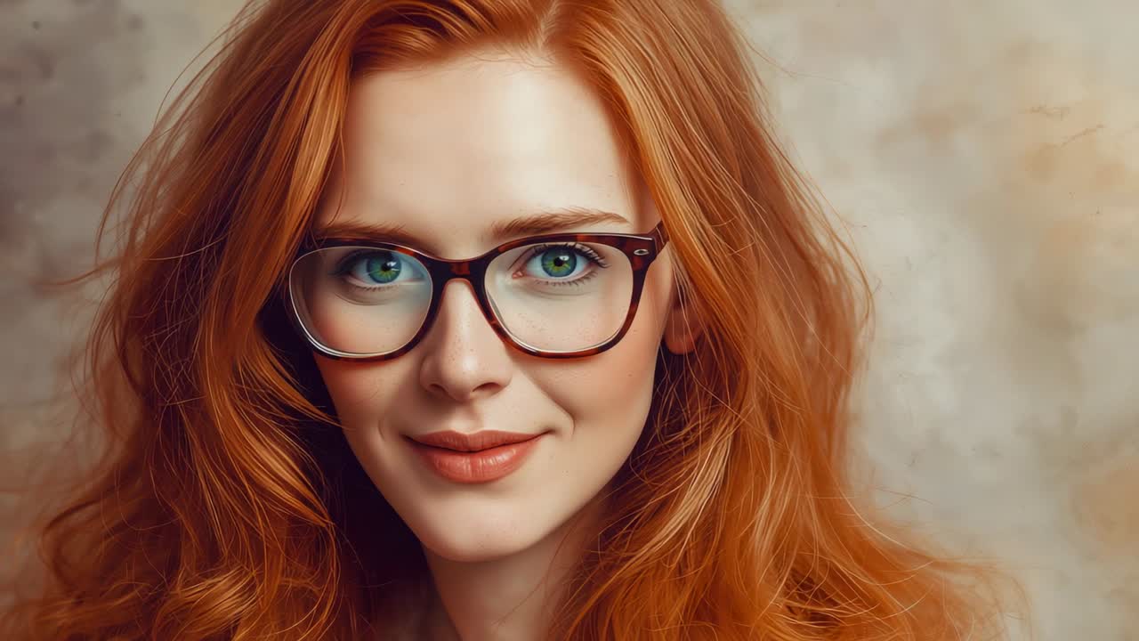 Opening close-up capturing woman wearing tortoiseshell glasses smiling blinking winking in studio