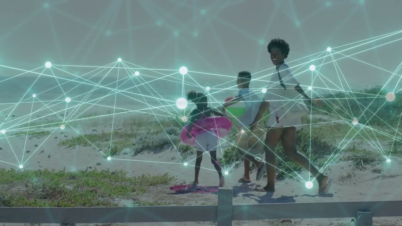 Family walking toward water after child stepping, tech network overlay linking nodes crossing group