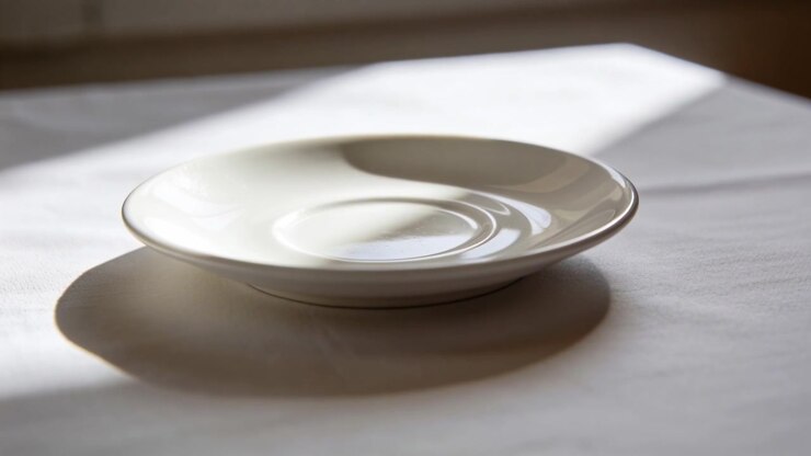 Ikkunasta tuleva liikkuva auringonvalo luo heijastuksia valkoiselle keraamiselle lautaselle vaalealla pöytäliinalla.