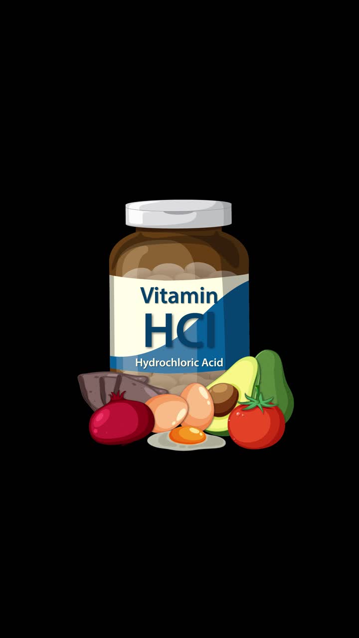 Bottiglia di integratore vitaminico etichettata acido cloridrico con frutta e verdura su sfondo nero, in stile piatto.