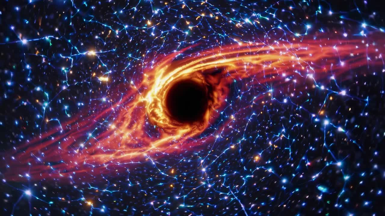 A cosmic video concept featuring a swirling black hole with vibrant colors and stars