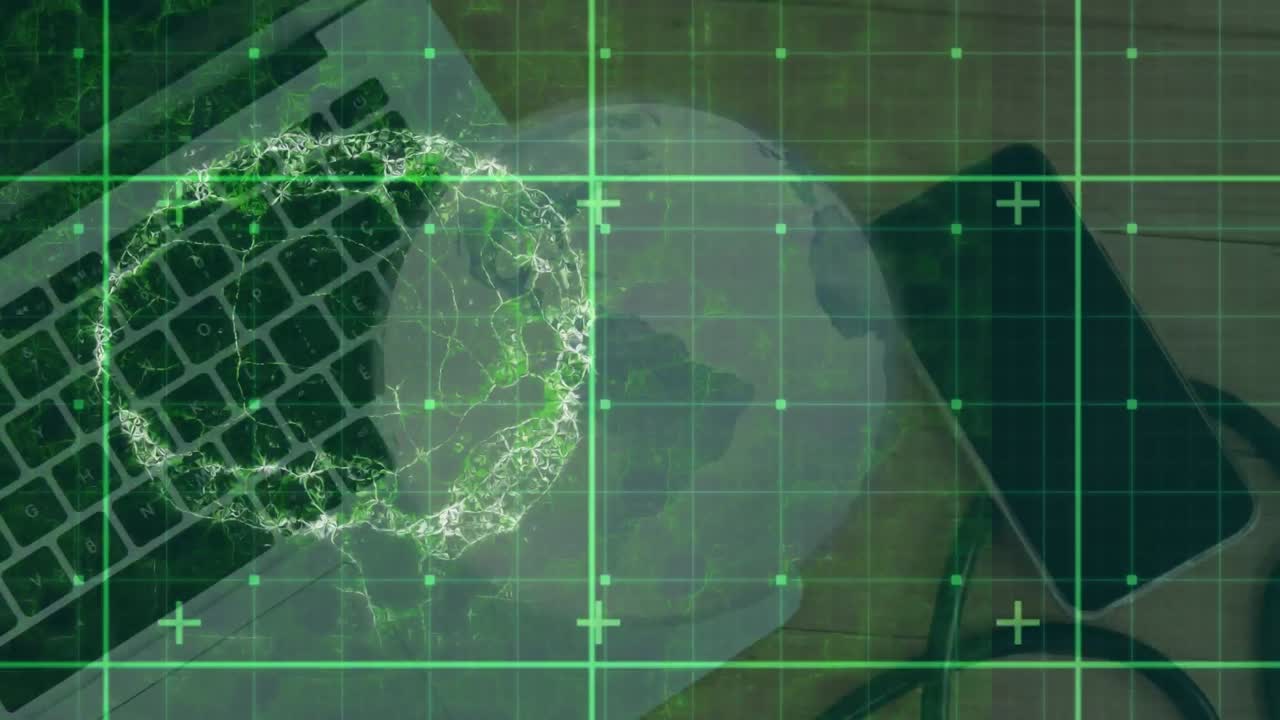 Animation of data processing over office and globe