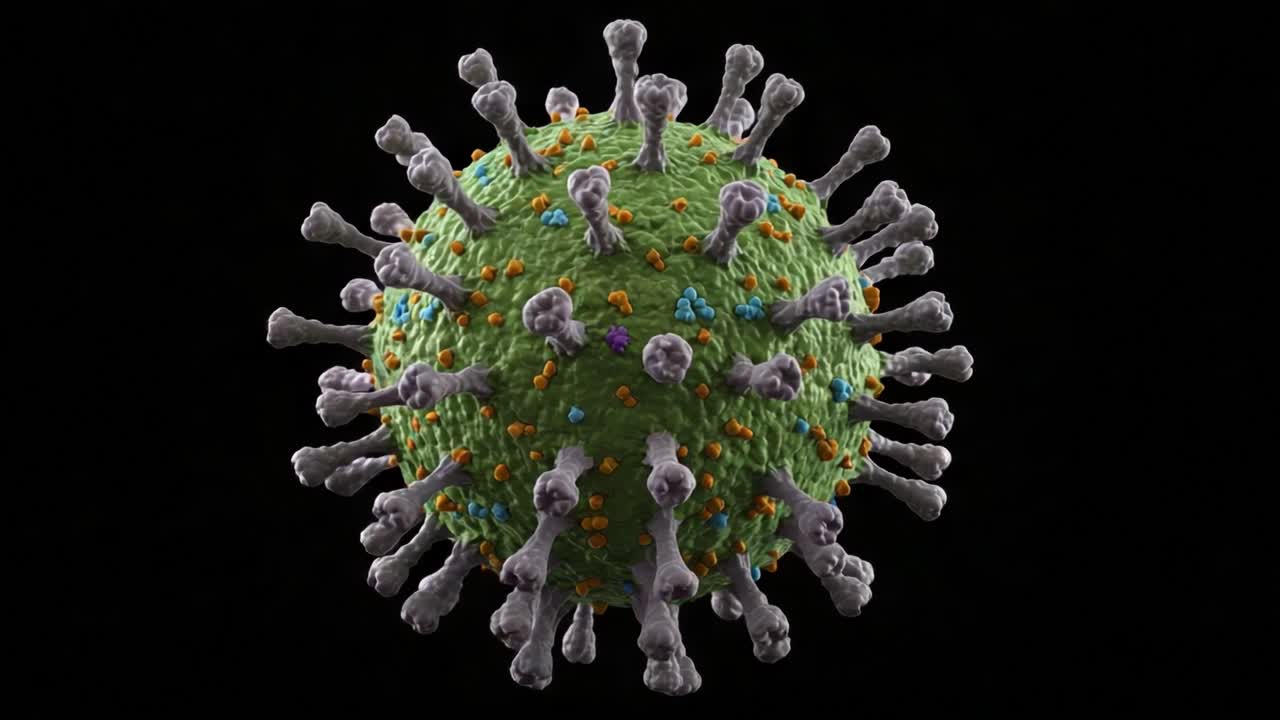 Detailed Visualization of a Virus with Unique Surface Structures and Projections Illuminated on a Dark Background, Representing Biological Complexity and Threats