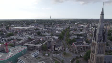 Aerial-view-passing-the-Saint-Vitus-Church-and