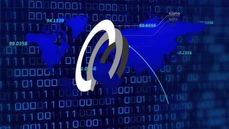 animación de círculos y mapa del mundo sobre procesamiento de datos y codificación binaria en fondo negro