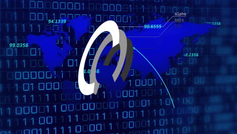 animation of circles and world map over data processing and binary coding on black background