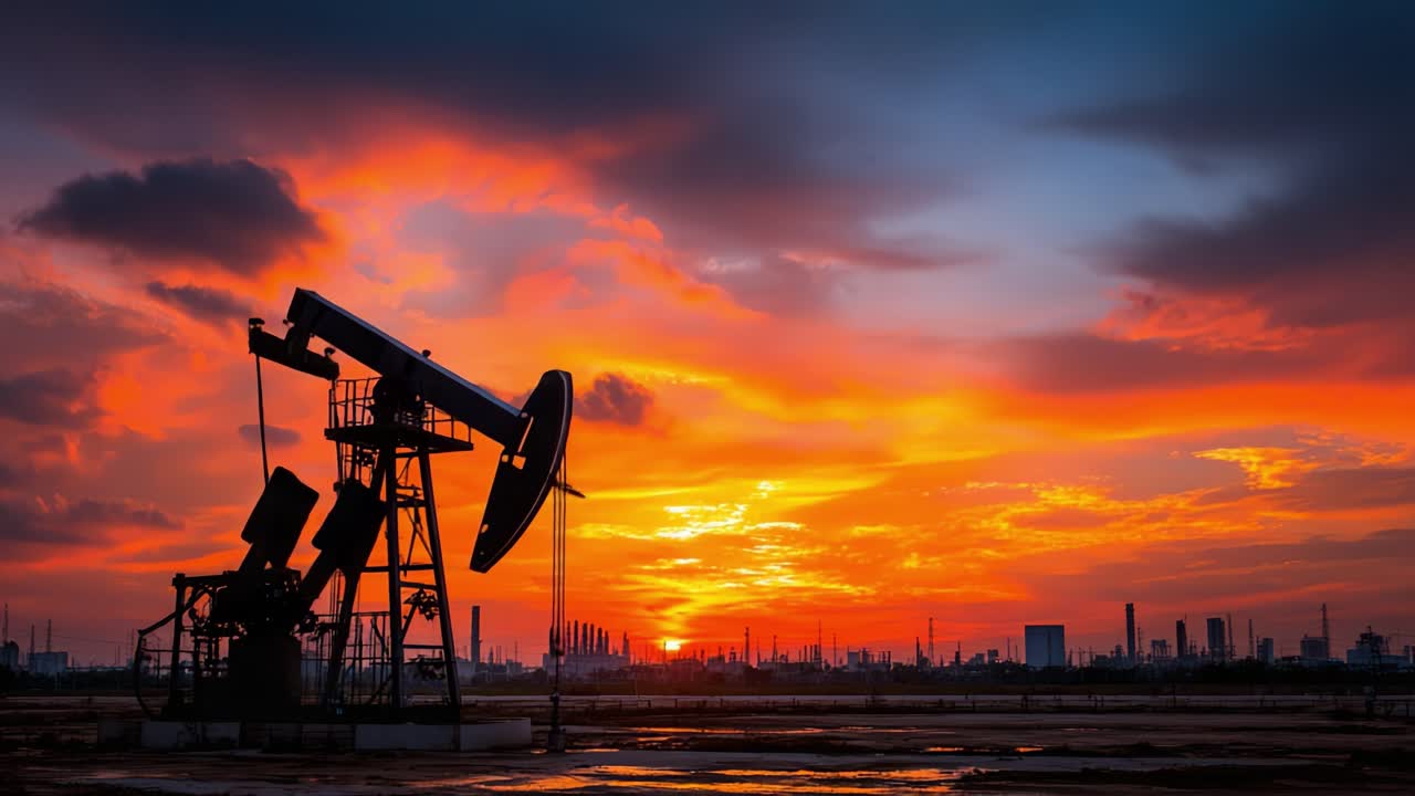 Dramatic Sunset Over Oil Pumping Station: A Stunning Display of Nature's Colors and Industrial Machinery Under a Vibrant Sky