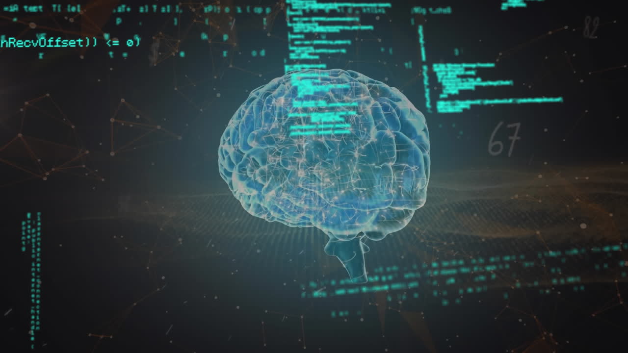 회전하는 인간의 뇌의 애니메이션과 원활한 패턴의 기하학적 모양에 대한 데이터 처리