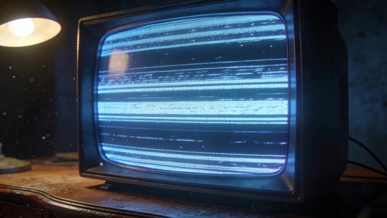 Displaying CRT TV receiving power, rolling static on wood desk, lamp lighting dust