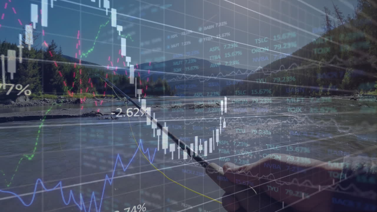 주식 시장 데이터 애니메이션과 함께 강에 따라 시