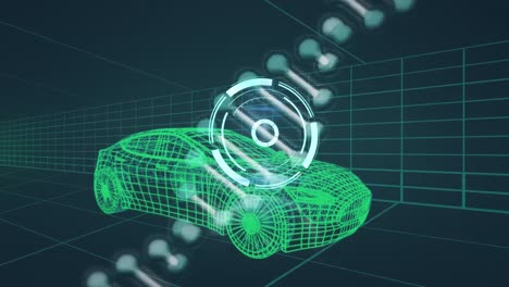 animación de la hilera de adn girando y alcance sobre el modelo de dibujo 3d del coche y la cuadrícula