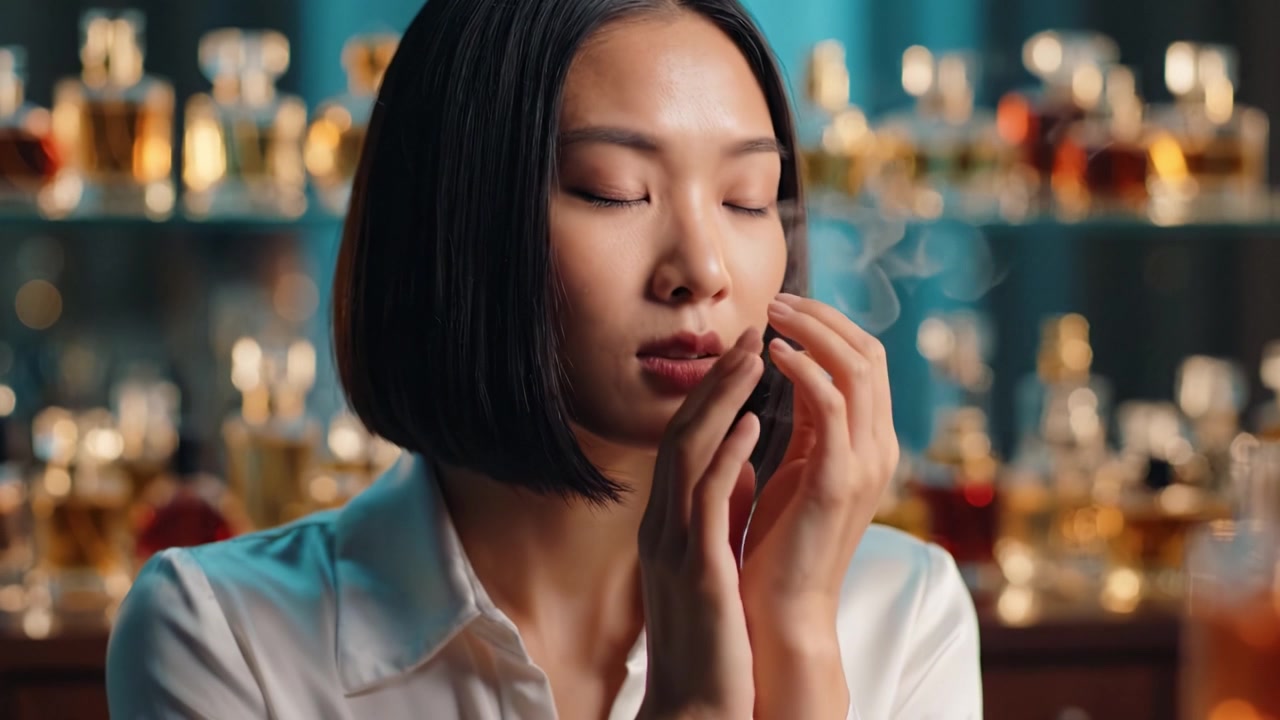 様々な香りに囲まれた女性が、人生における香りの本質を熟考し、香水にまつわる記憶や感情を振り返る物思いにふける瞬間。