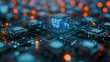 futuristic digital e-commerce network with shopping cart icon on circuit board