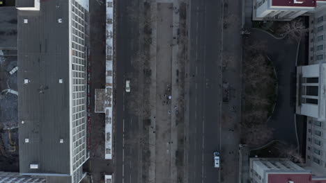 AERIAL:-Beautiful-Overhead-View-of-Berlin-Central-with-Pedestrians-on-Sidewalk-and-Car-Traffic