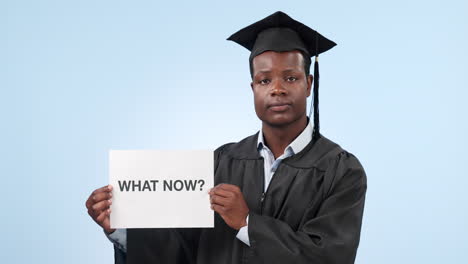 ¿qué, graduado y hombre negro con letrero en el estudio