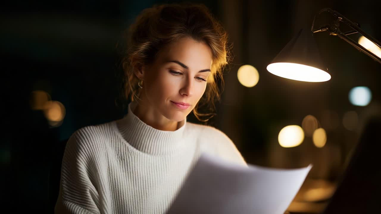 A focused young woman studies and analyzes documents under the warm glow of a desk lamp, showcasing dedication and attention to detail while surrounded by a serene nighttime atmosphere