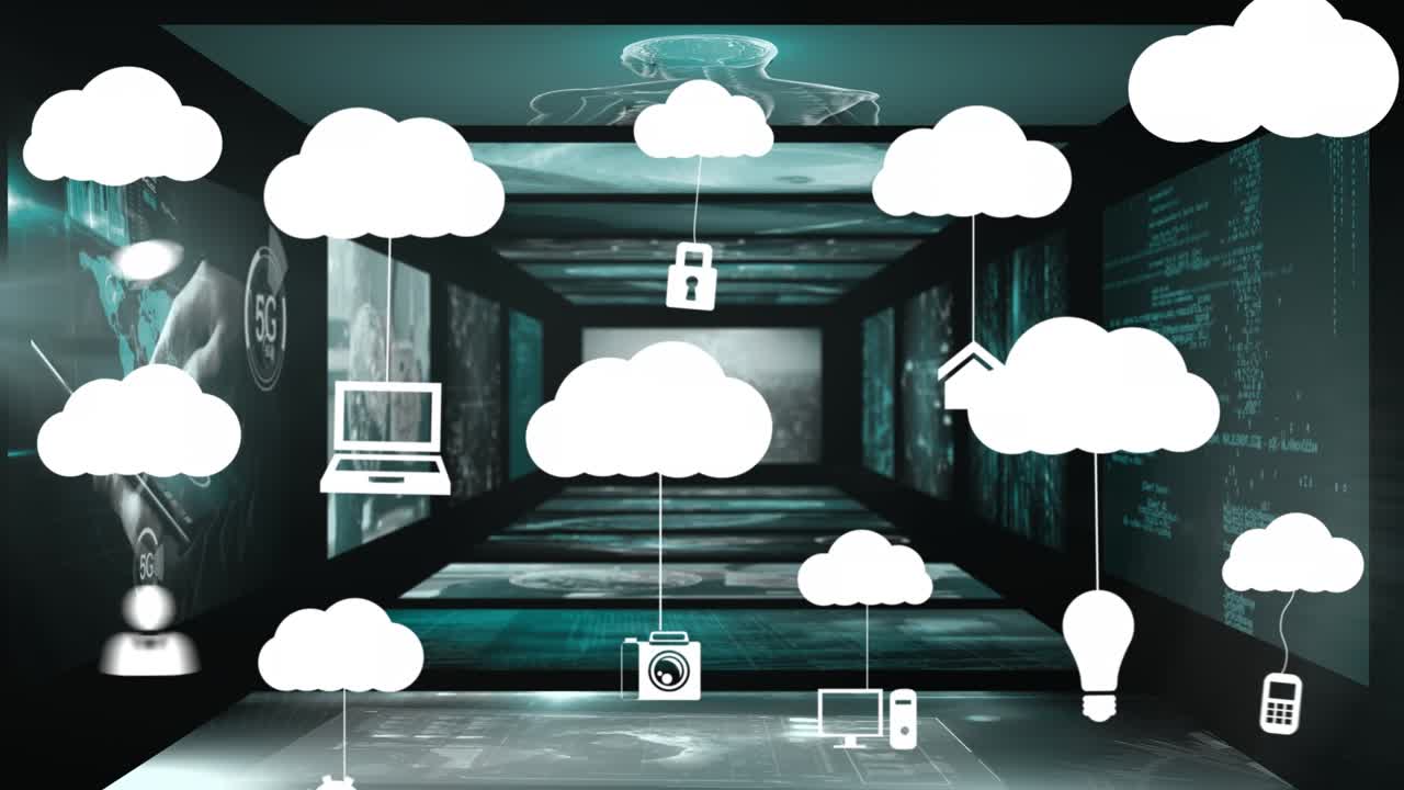 Animazione di elaborazione dati e cloud su sfondo nero