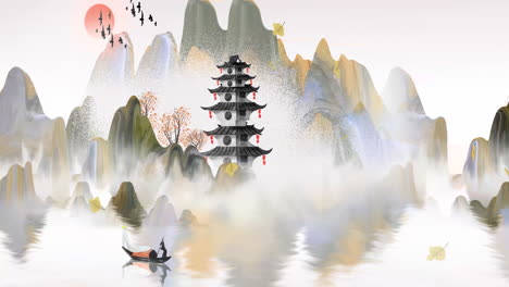 fantasy bright ambience landscape of beautiful morning sky, mountains, flowers, lake, ancient house with simple animation in japanese chinese anime watercolour style