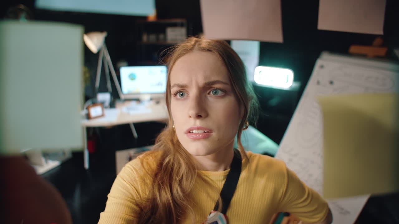 Seriøs ung forretningskvinde søger information på en scrum-væg på et mørkt kontor