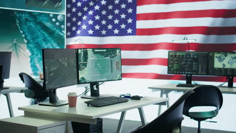 empty operations center with an american flag working on national safety