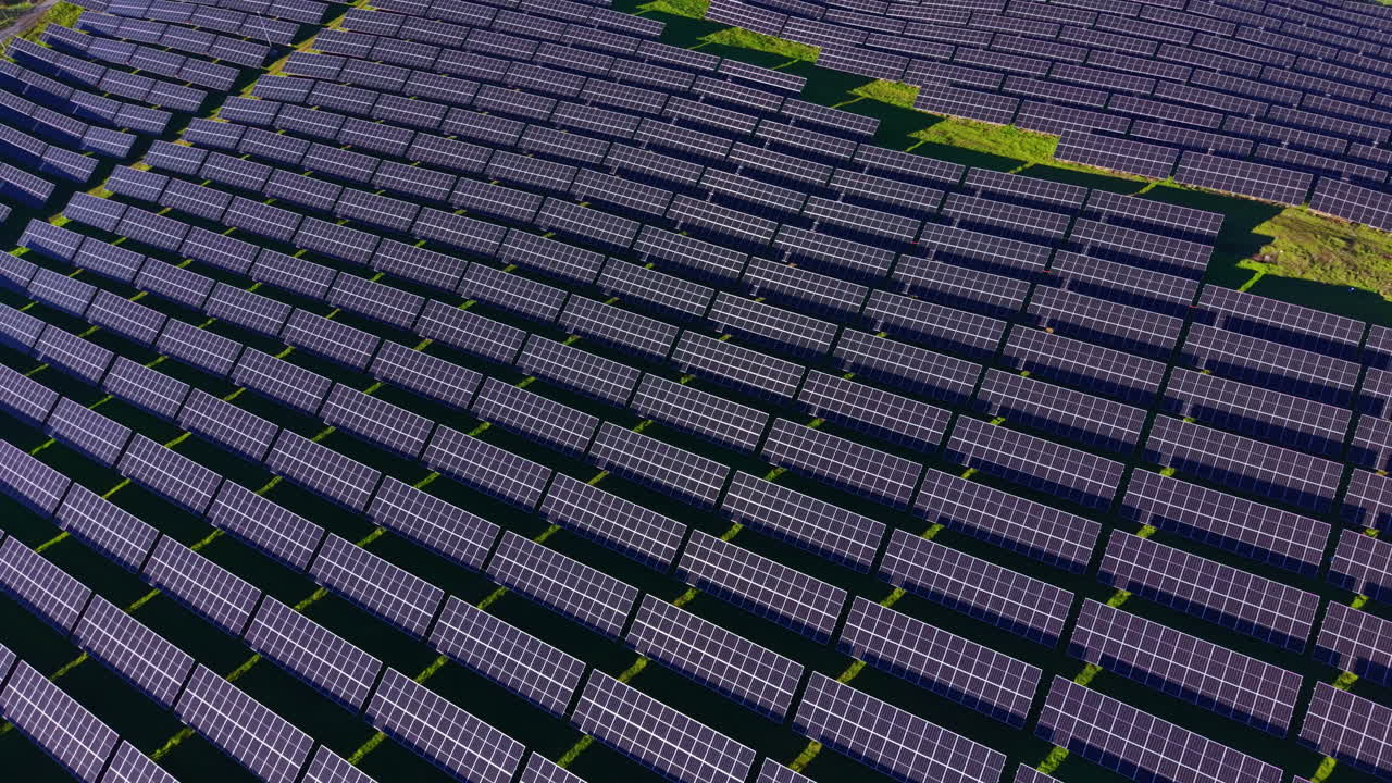 I pannelli solari sono disposti in file su un campo all'interno di un impianto di energia rinnovabile durante le ore diurne, supportando la produzione di energia pulita.