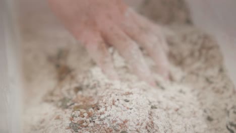 panadero mezclando harina marrón con semillas para hacer pan de centeno danés