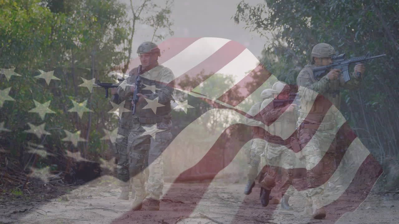 様々な兵士の上にアメリカ国旗のアニメーション