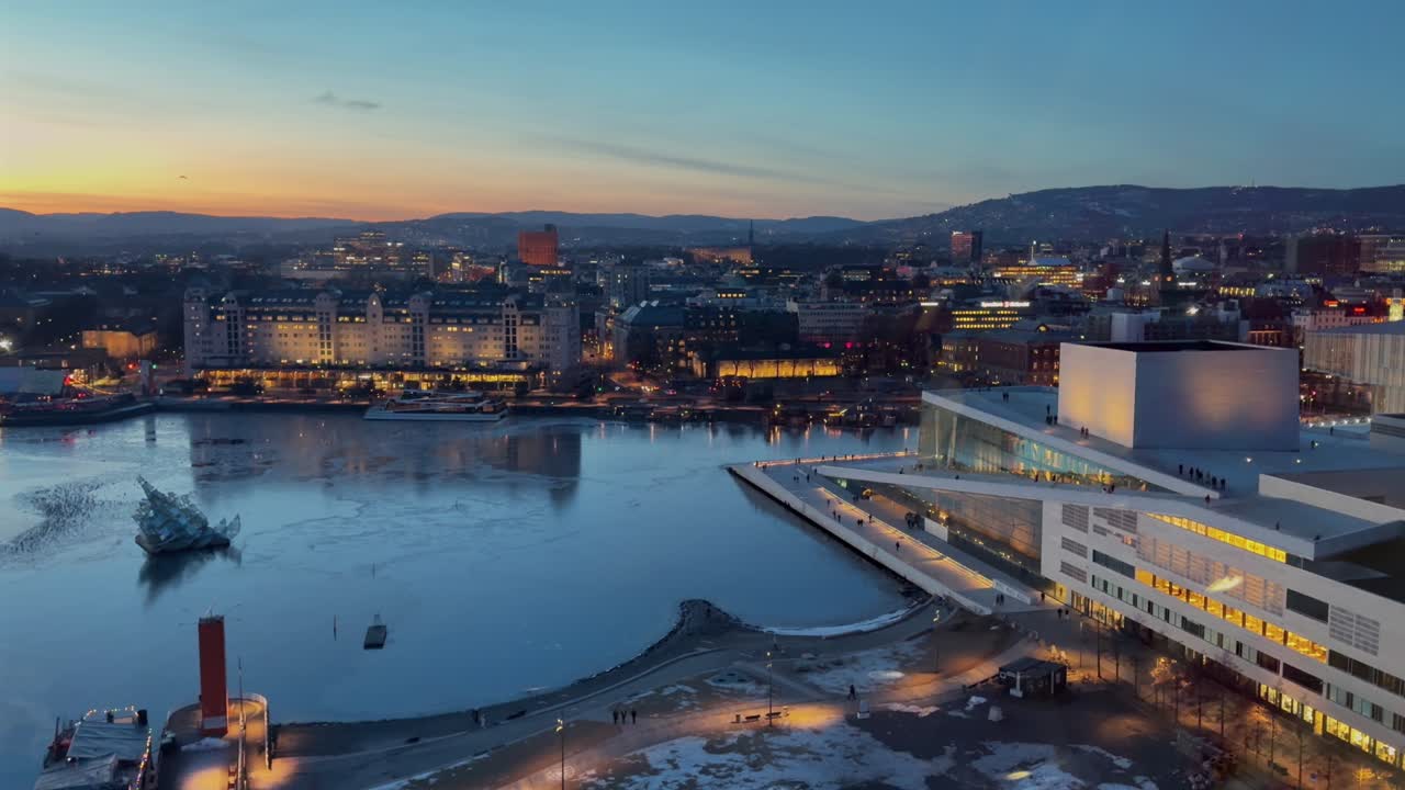Munch Museum skybar rooftop view Oslo Opera House Norway Norge aerial drone Norwegian arctic vibrant golden hour sunset downtown cityscape Inner Oslo Fjord She Lies artwork frozen sea ocean pan left