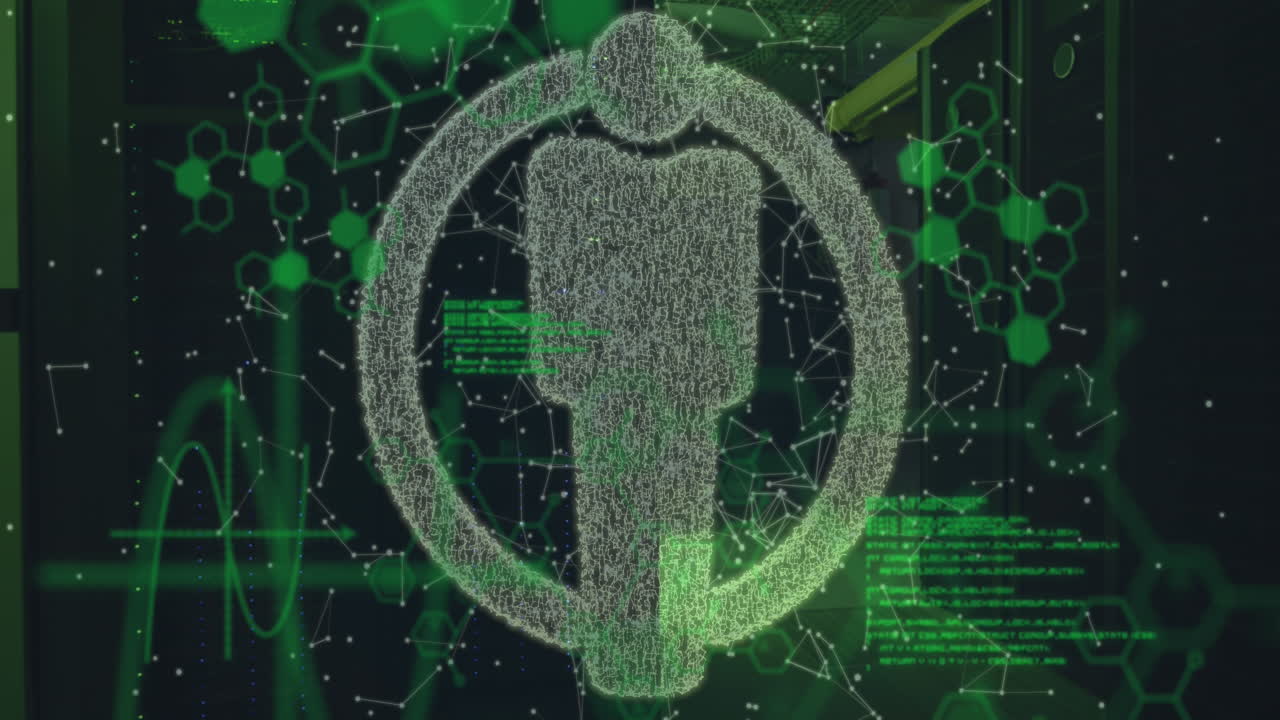 컴퓨터 언어, 모양, 분자 구조를 통해 남성 기호를 형성하는 연결된 점의 애니메이션