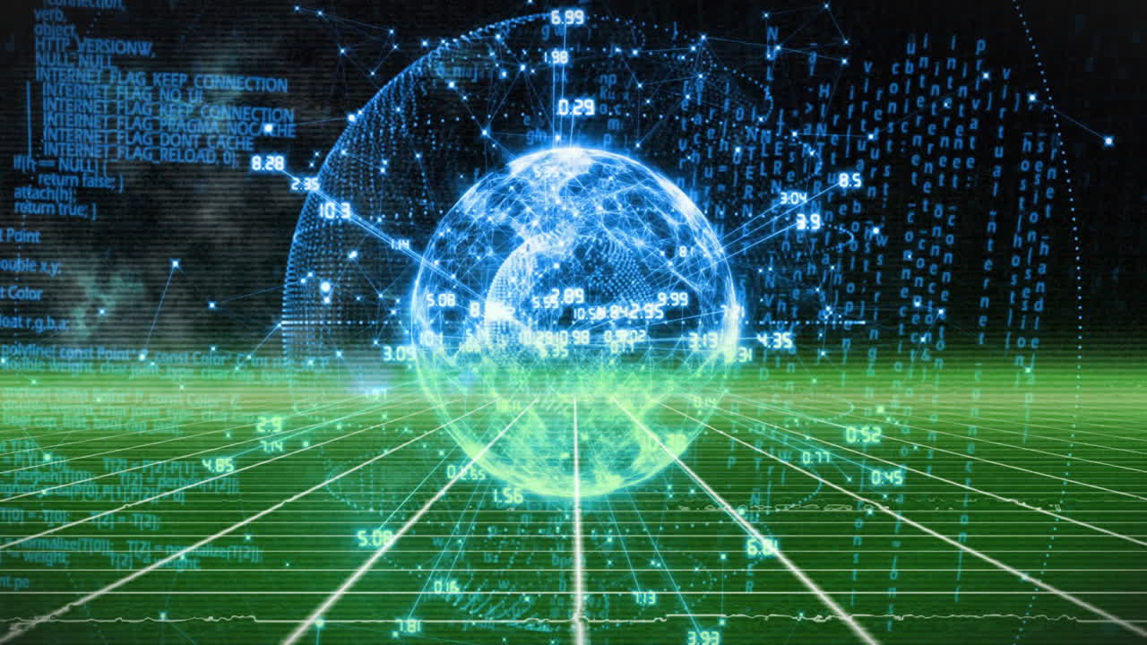 Animation of digital globe with data streams and binary code over grid background