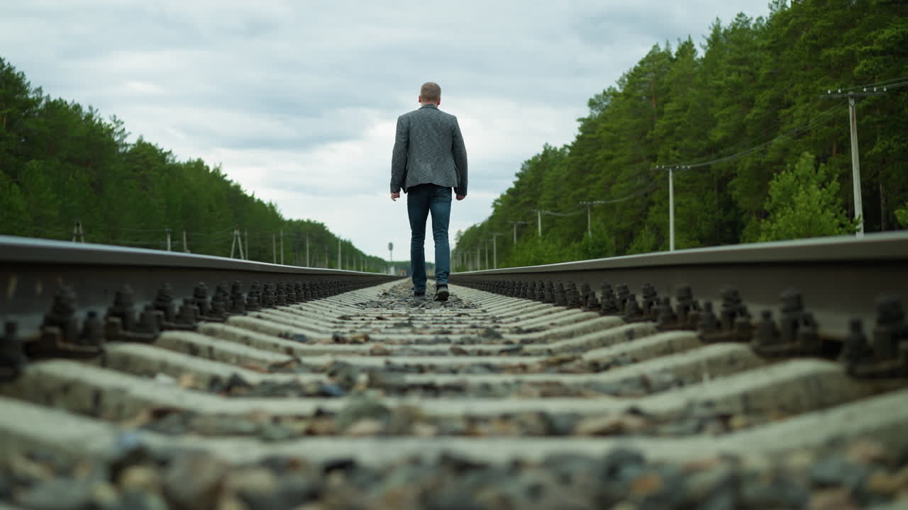 A close downward view of a man wearing a suit jacket and jeans, walking alone on railway tracks surrounded by dense trees and electric poles