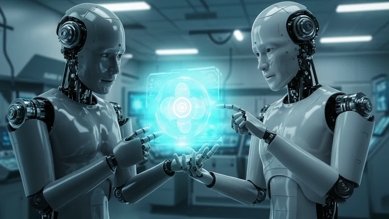 A pair of advanced humanoid robots collaborate, examining a futuristic holographic interface that showcases intricate digital patterns and glowing data in a high-tech environment
