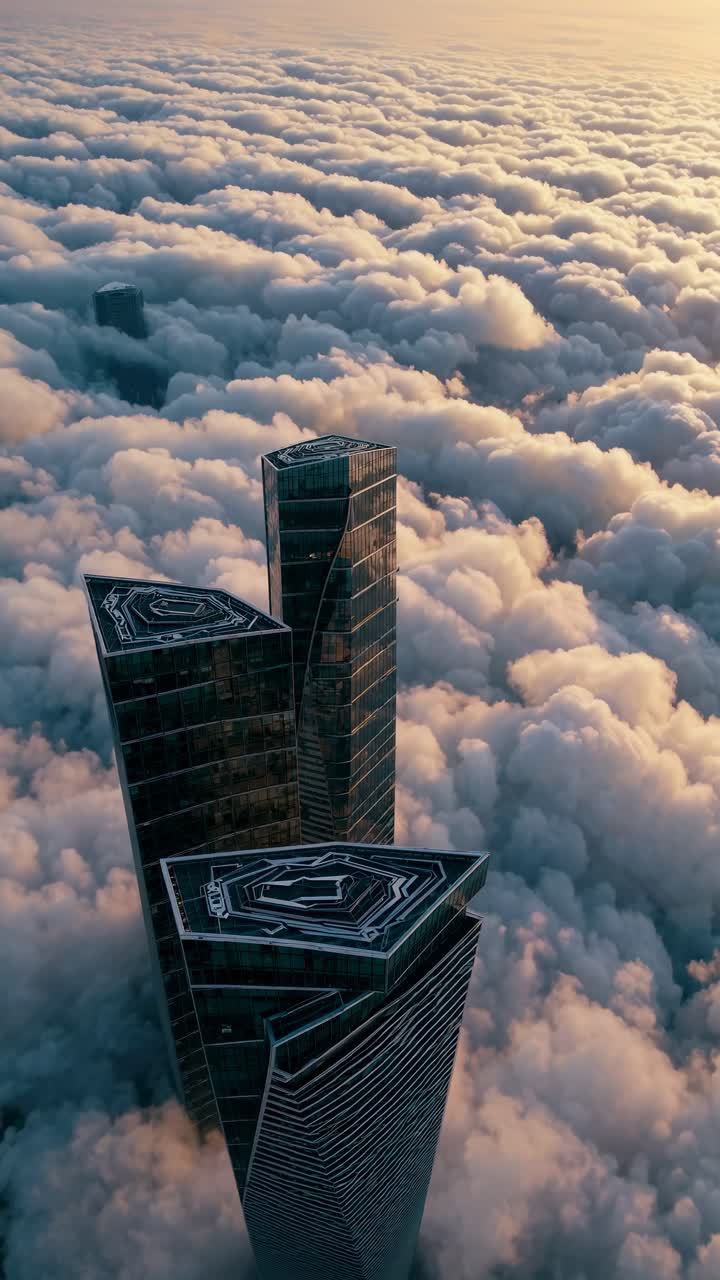 Aerial video angle capturing skyscrapers piercing through dense clouds at sunset, highlighting urban